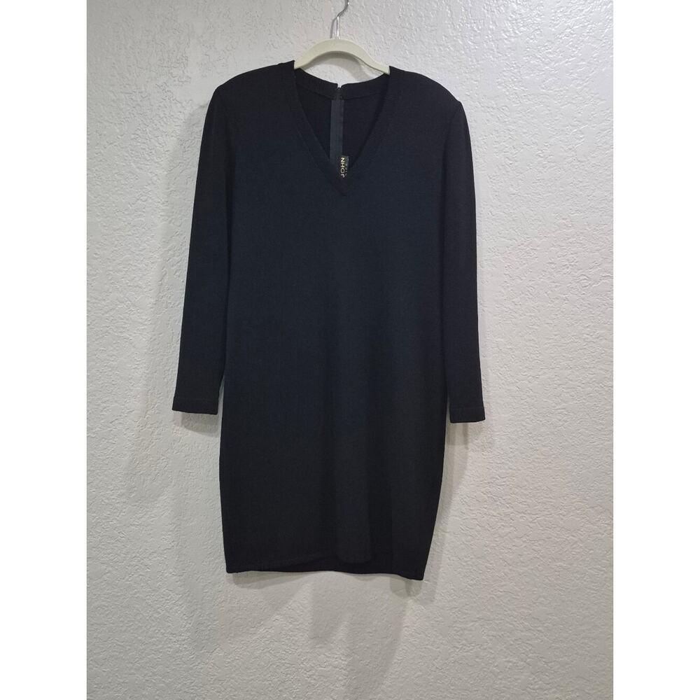 St. John Black V-Neck Long Sleeve Knit Shift Dress with Shoulder Pads Size 6 - Picture 3 of 10